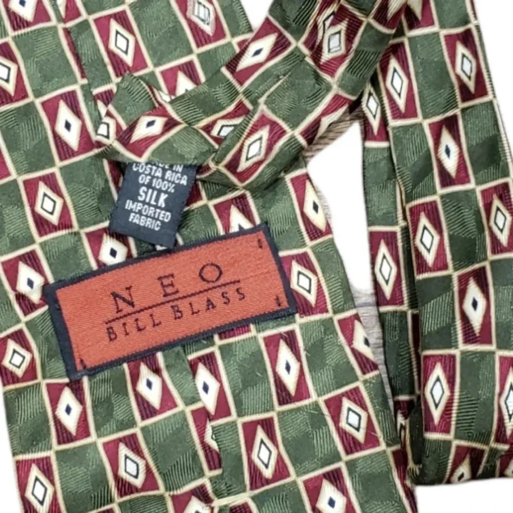 Bill Blass Neo Green Red Geometric Silk Tie